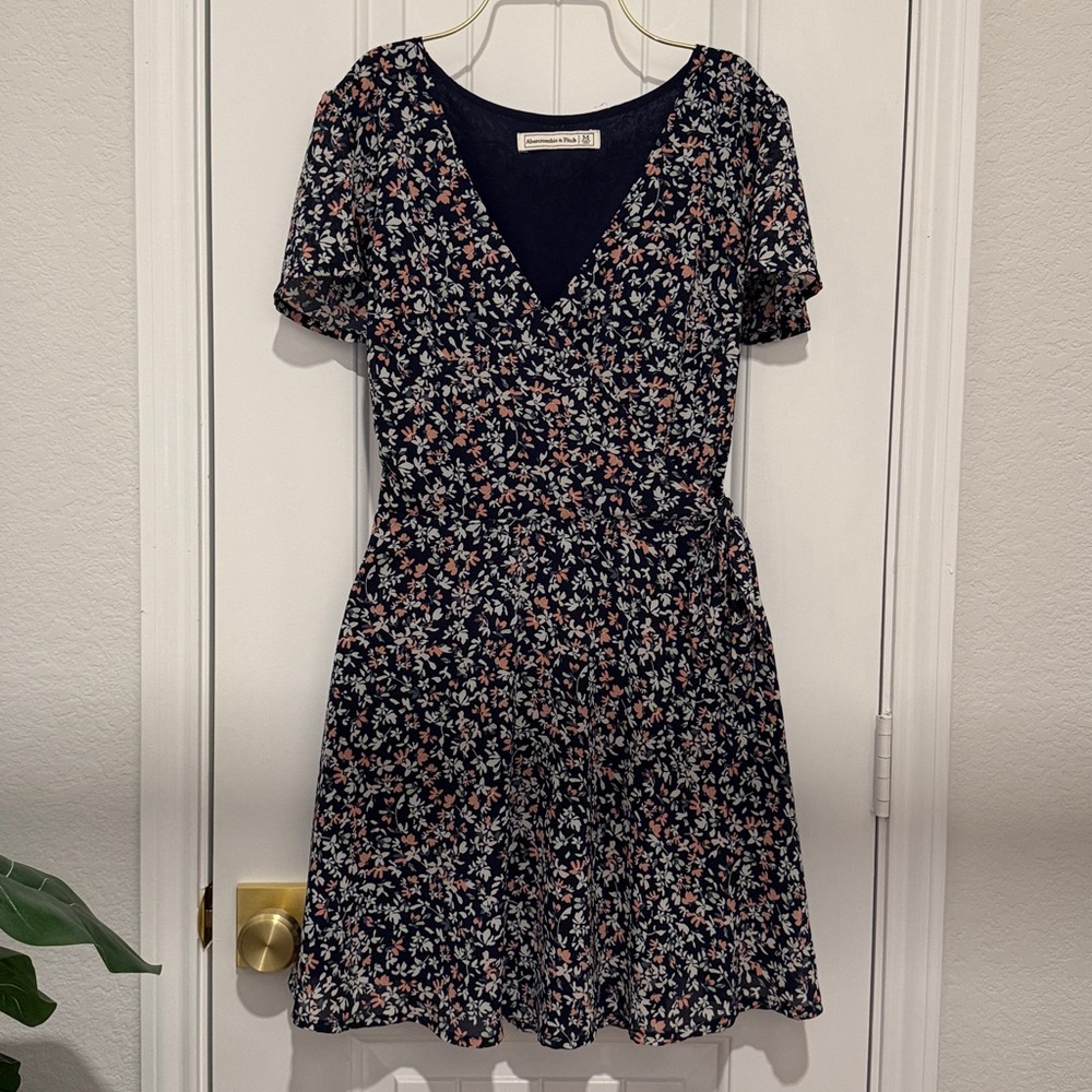 Floral V-Neck Short Sleeve Dress - Navy with Pink & White